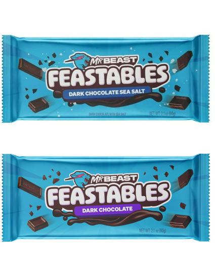 Picture of Feastables Dark Chocolate Duo Beast Bars Bundle, New Formula Smoother and Creamier Texture, 2.1 oz (60g), 2 Count Dark Chocolate Feastables Bars INCLUDES GLITTER BOX MIAMI STICKER