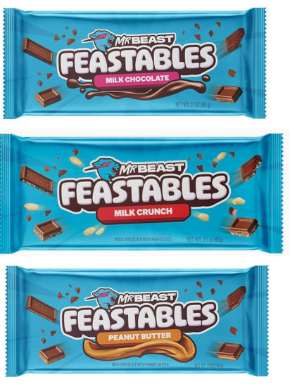 Picture of Feastables Beast Bar Milk Chocolate Bundle - Milk Chocolate Peanut Butter, Milk Crunch, Milk Chocolate Beast Bars [3 BARS] NEW FORMULA! Creamier and Thicker - 2.1 oz Bars