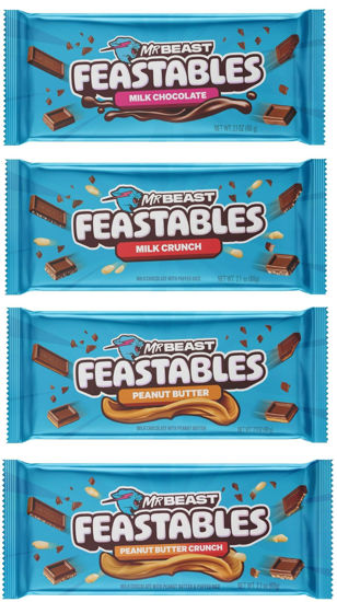 Picture of Feastables Beast Bar Crunch and Creamy Milk Bundle - Milk Chocolate, Milk Crunch, Peanut Butter, and NEW! Peanut Butter Crunch Beast Bars (4-Pack 2.1 oz Bars)