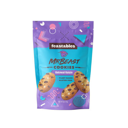 Picture of Feastables MrBeast Oatmeal Raisin Cookies - Made with Plant-Based Ingredients. Gluten Free, Non-GMO Certified Snack, 6 oz Bag (Pack of 6)