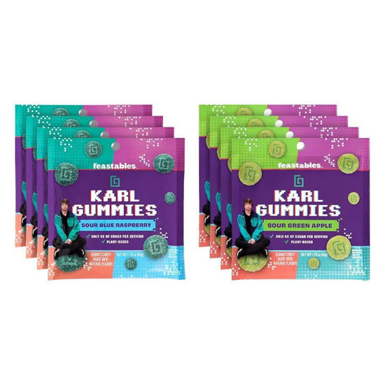 Picture of Feastables Karl Gummy Candy Combo: 4 Sour Blue Raspberry & 4 Sour Green Apple Bags, 1.76 oz Each, 8 Bags Total