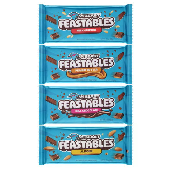 Picture of Feastables Beast Bar Milk Chocolate Sampler Pack - Milk Chocolate, Peanut Butter, Milk Crunch and Almond Beast Bars [4 - Pack] 2.1 oz (60g) Bars