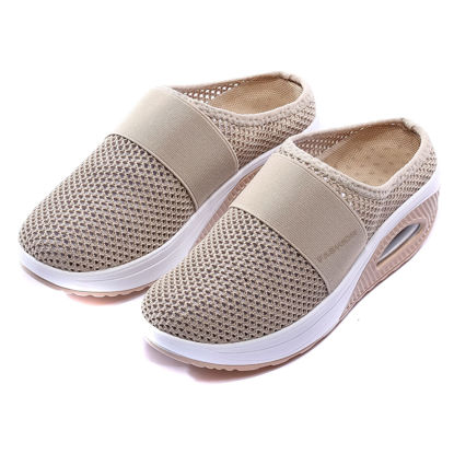 Picture of sharllen Women's Air Cushion Slip-On Walking Shoes, Casual Mesh Fashion Sneakers, Breathable Arch Support Knit Comfort Shoes, Orthopedic Diabetic Walking Shoes (43, Beige) - Size: 9.5 Women/8 Men