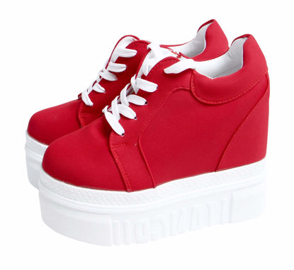 Picture of ACE SHOCK Women Fashion Platform Sneakers Wide Width High Hidden Heel Wedge Walking Shoes (6, Without Flower Red) - Size: 6