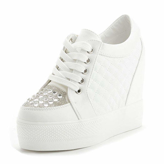 Picture of Women Wedges Sneakers with Hidden Heel Ankle High Platform Walking Shoes Fashion Bride Wedding Shoes (7.5, White-Rhinestone, Numeric_7_Point_5) - Size: 7.5