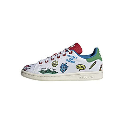 Picture of adidas Originals unisex child Stan Smith Primeblue Sneaker, White/Vivid Green/Scarlet, 4.5 Big Kid US - Size: 4.5 Big Kid