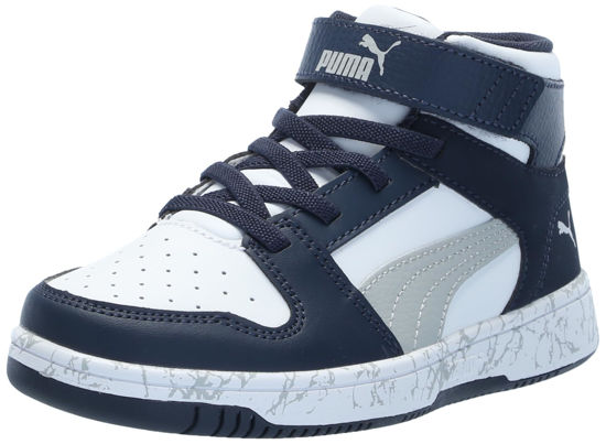 Picture of PUMA Rebound Layup Mid Hook and Loop Sneaker, White-Flat Light Gray-Club Navy, 13.5 US Unisex Little Kid - Size: 13.5 Little Kid