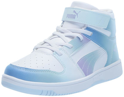 Picture of PUMA Rebound Layup Mid Hook and Loop Sneaker, White-Vivid Violet-Turquoise Surf, 13.5 US Unisex Little Kid - Size: 13.5 Little Kid