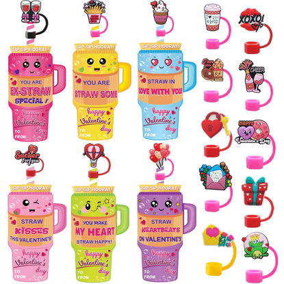 Picture of Valentines Day Gifts for Kids,24 Pack Kids Valentines Day Cards with 10mm Valentine Straw Toppers for 30Oz & 40Oz Tumblers,Funny Valentine Exchange Card Gifts for Teenagers, Boys, Girls, Kids & Adults