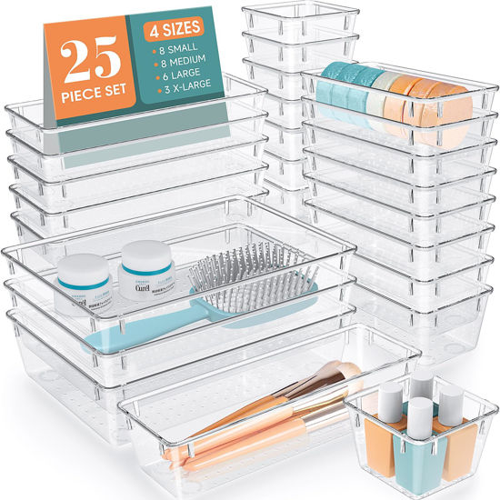 Picture of WOWBOX 25 PCS Clear Plastic Drawer Organizer Set, 4 Sizes Desk Drawer Divider Organizers and Storage Bins for Makeup, Jewelry, Gadgets for Kitchen, Bedroom, Bathroom, Office