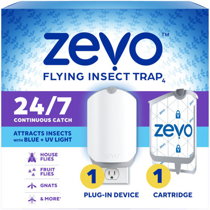 Picture of Zevo Flying Insect Trap for Indoors: Light Trap Captures Fruit Flies, Gnats and Houseflies, Starter Kit (1 Plug-in Base + 1 Cartridge)