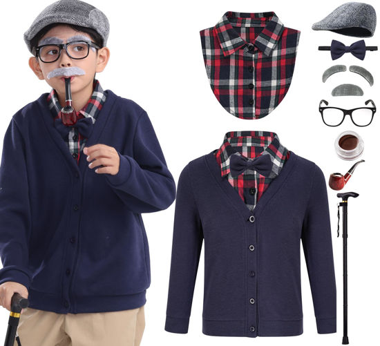 Picture of 100 Days of School Costume for Kids 100th Day Old Man Grandpa Dress Up Costume Boys,Navy,6