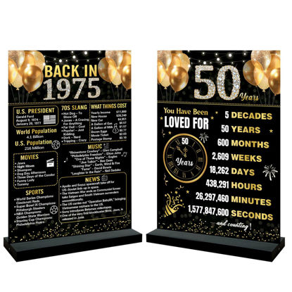 Picture of Trgowaul 50th Birthday Decorations Women Men, Double Print Black Gold Back in 1975 Birthday Poster Acrylic Table Sign with Stand, 50 Anniversary Decor Gifts for Men,Vintage 1975 Supplies 50 Birthday