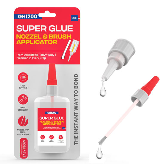 Picture of GH1200 (2-in-1) Super Glue with Brush Applicator & Nozzle, Mess Free Superglue Brush, Instant Glue Never Dries, 3000 CPS Cyanoacrylate Glue, No Stain Clear Glue, Super Glue for Plastic, Rubber & More