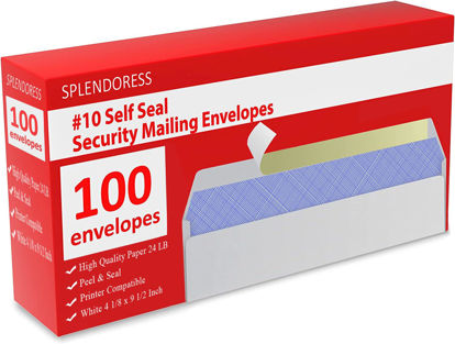 Picture of #10 Envelopes Letter Size Self Seal | 100 Business Mailing Security Peel and Sealing Envelope | 100% Tinted | no 10 White Windowless Legal Regular Plain Envelops Pack | 4-1/8 x 9-1/2 Inches | 24 LB