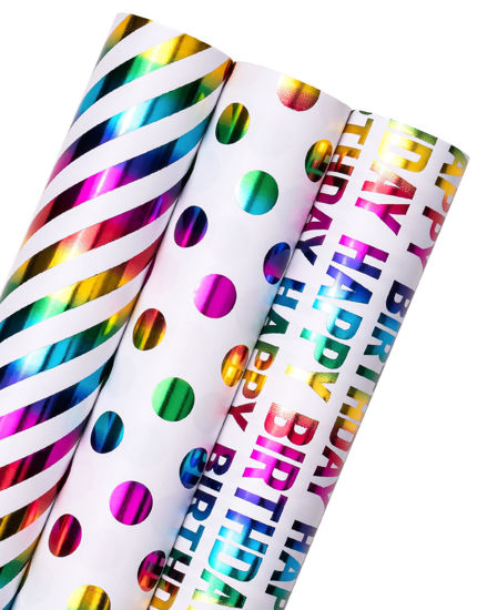 Picture of WRAPAHOLIC Birthday Wrapping Paper Roll - Mini Roll - 3 Rolls - 17 inch x 120 inch Per roll - Colorful Foil Birthday Design for Party, Holiday, Baby Shower