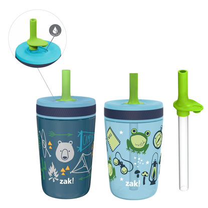 Picture of Zak Designs Campout and Camping Kelso Tumbler Set, Leak-Proof Screw-On Lid with Straw, Bundle for Kids Includes Plastic and Stainless Steel Cups with Bonus Sipper, 3pc Set, Non-BPA,15 fl oz