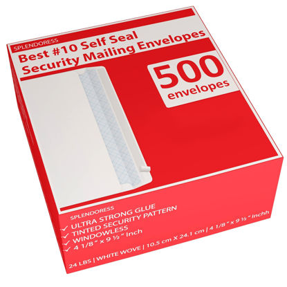 Picture of #10 Envelopes Letter Size Self Seal | 500 Business Mailing Security Peel and Sealing Envelope | 100% Tinted | no 10 White Windowless Legal Regular Plain Envelops Pack | 4-1/8 x 9-1/2 Inches | 24 LB