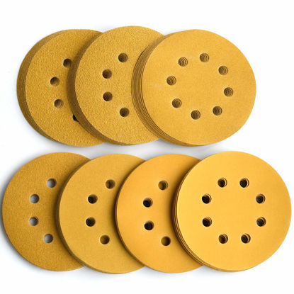 Picture of Aiyard 5-Inch 8-Hole Hook and Loop Sanding Discs, 60/80/120/150/220/320/400 Assorted Grits Gold Sanding Disc for Random Orbital Sander, 105-Pack