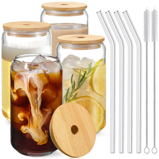 Picture of Drinking Glasses with Bamboo Lids and Glass Straw 4pcs Set - 16oz Glass Cups, Iced Coffee Glasses, Cute iced Tea Glasses, Beer Glasses, Ideal for Coffee Bar Accessories, Aesthetic Gift - 2 Brushes