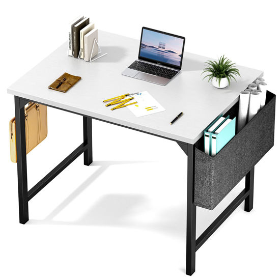 Picture of Sweetcrispy Computer Desk - 32 Inch Small Office Writing Work Study Kids Student Teacher Home Bedroom Table Storage Bag Headphone Hooks & no Wheels - White