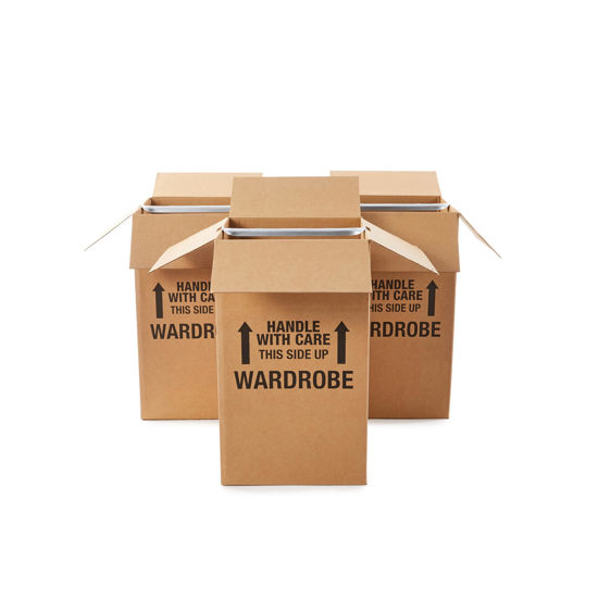 Picture of Amazon Basics Wardrobe Clothing Moving Boxes with Bar, 3 Pack, Brown, 20" x 20" x 34"