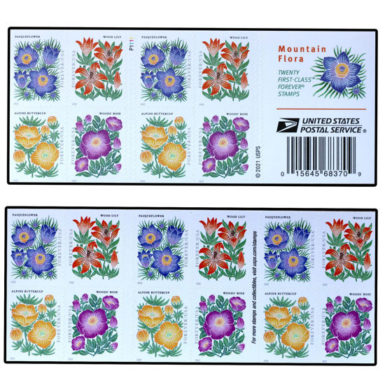 Picture of USPS Mountain Flora (Booklets of 20) (Wood Lily, Alpine Buttercup, Woods Rose, Pasqueflower) Postage Forever Stamps US First Class Wild Flowers Garden Wedding Valentine 2022 Scott #5672-5675