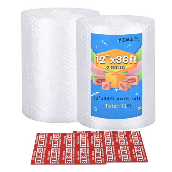 Picture of Yens Nylon Bubble Cushioning Rolls 72 ft 12 Inch width Packing Materials 3/16" AIR Bubble Perforated every 12" wrap 20 bonus Fragile Stickers