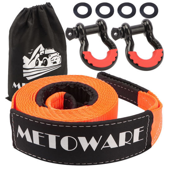 Picture of METOWARE Heavy Duty Tow Strap Recovery Kit - 3" x 20ft(35,000lbs) Tree Saver Winch Strap + 3/4" D Ring Shackles(2pcs) + Storage Bag - Truck, SUV, ATV Off Road Towing Strap Kit