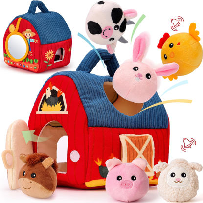 Picture of hahaland Baby Toys 6-12 Months - Surprise Barn with Stuffed Farm Animals, Rattle, Crinkle Paper, Mirror - Busy Montessori Toys for Babies, Sensory Balls for Toddlers 1-3 - Infant Valentines Baby Gifts