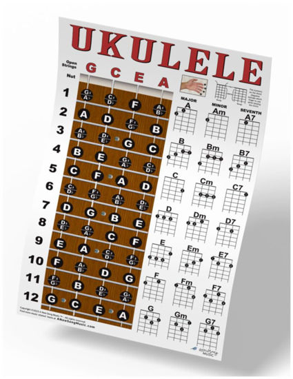 Picture of Ukulele Fretboard Notes & Chord Chart Instructional Poster GCEA Tuning Easy Uke Chords Soprano Concert Tenor A New Song Music 11"x17"