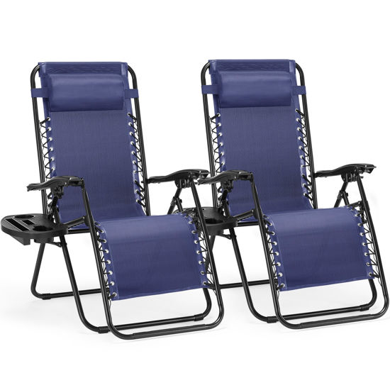 Picture of Sweetcrispy Zero Gravity Chairs, Set of 2 Portable Recliner Beach Camping Patio Outdoor Folding Lounge Chair with Cup Holder Trays and Adjustable Pillow for Poolside, Garden, Backyard, Lawn (Blue)