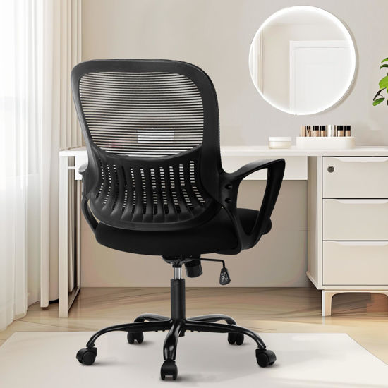 Picture of Sweetcrispy Office Computer Desk Managerial Executive Chair, Ergonomic Mid-Back Mesh Swivel Rolling Work with Wheels, Comfortable Lumbar Support, Comfy Arms for Home,Bedroom,Study,Student,Black