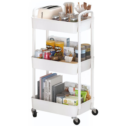 Picture of Sywhitta 3-Tier Plastic Rolling Utility Cart with Handle, Multi-Functional Storage Trolley for Office, Living Room, Kitchen, Movable Storage Organizer with Wheels, White