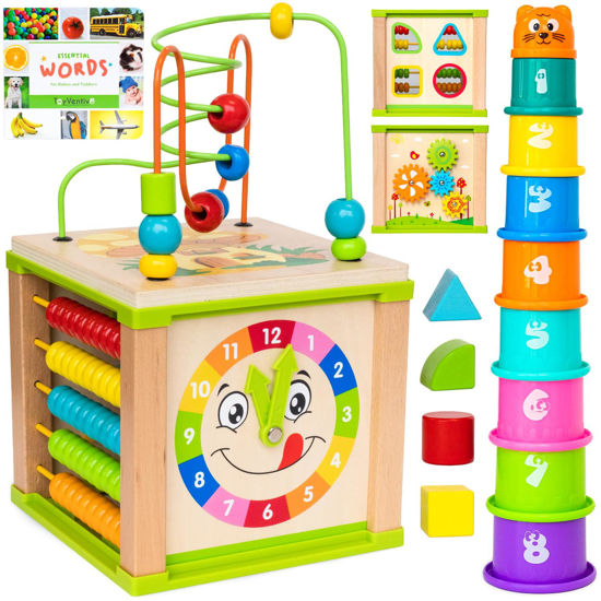 Picture of TOYVENTIVE Wooden Activity Cube, Montessori Toys, Multipurpose Educational Sensory Toy for 1-2 Year Old Baby, Toddler, Kid, Boy | Birthday Gift | Bonus First Words Book