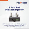 Picture of PoE Texas 8 Port PoE Injector - Gigabit Passive Power Over Ethernet Midspan - Front Wall Mount for Security Cameras, IP Phones, WiFi APs - Works with Non-PoE Switch, Includes 48v 120w Power Supply